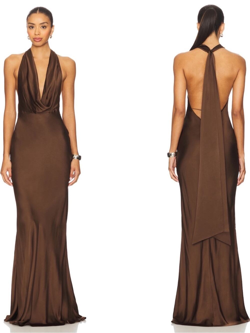SAU LEE Pearl Cowl Neck Brown Mocha Maxi Dress Size 0